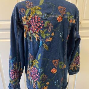 Chico's Blue Jean Jacket with Floral Embroidery